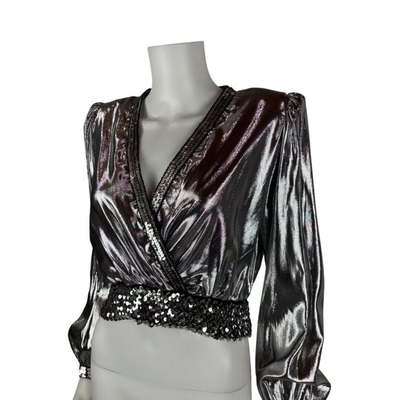 Vintage 70s Disco Shirt Womens Medium Silver Metallic Surplice Wrap Sequin Eveni - Picture 5 of 12